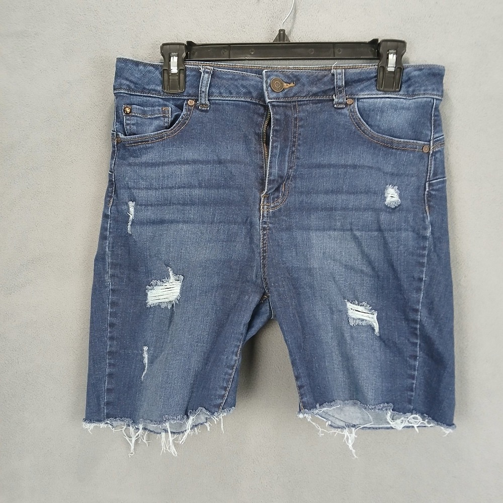 Enjean Denim Co Bermuda Shorts Womens 13 Dark Blue Stretch Distressed Frayed Hem